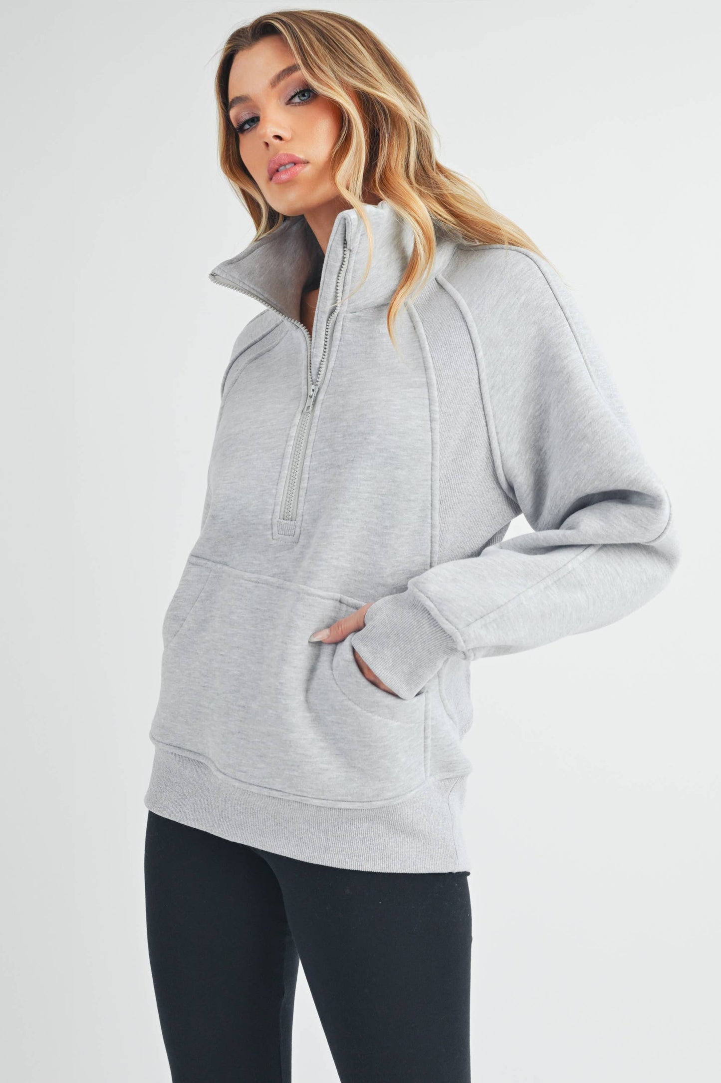 Funnel Neck Half Zip Pullover in Heather Grey