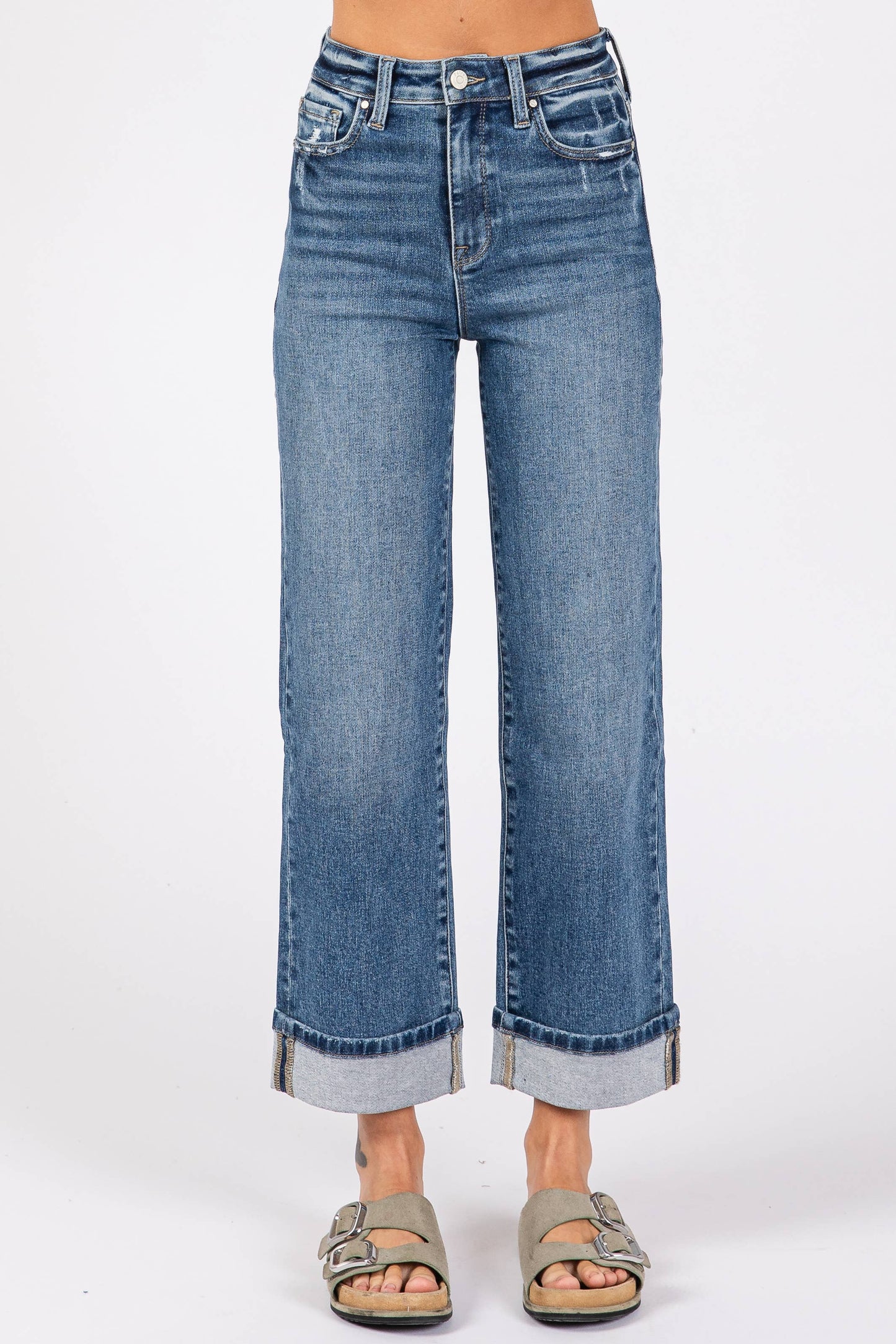 High Rise Stretch Relaxed Straight Denim w/ Cuffed Hem