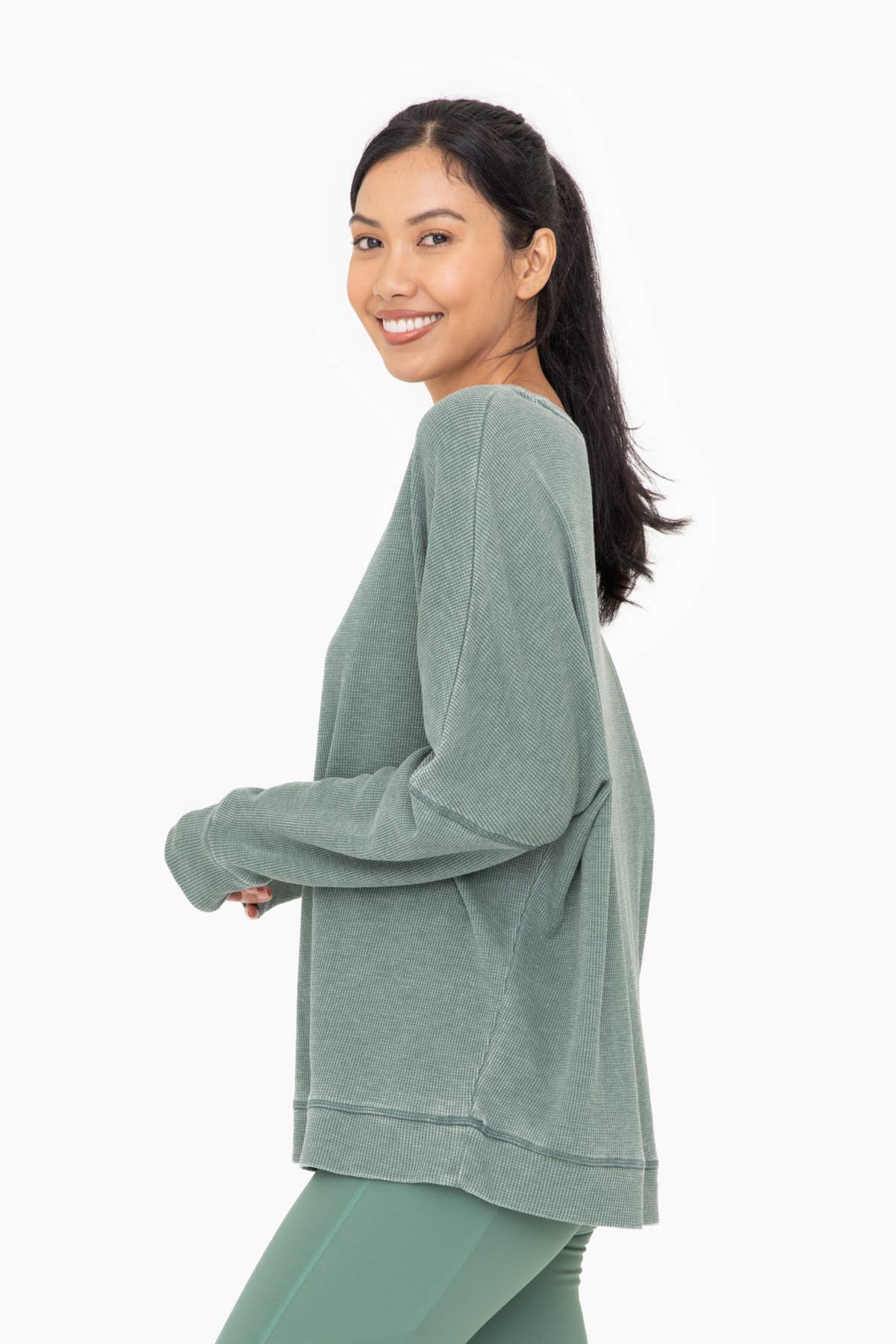 Ribbed Waffle Pullover in Green