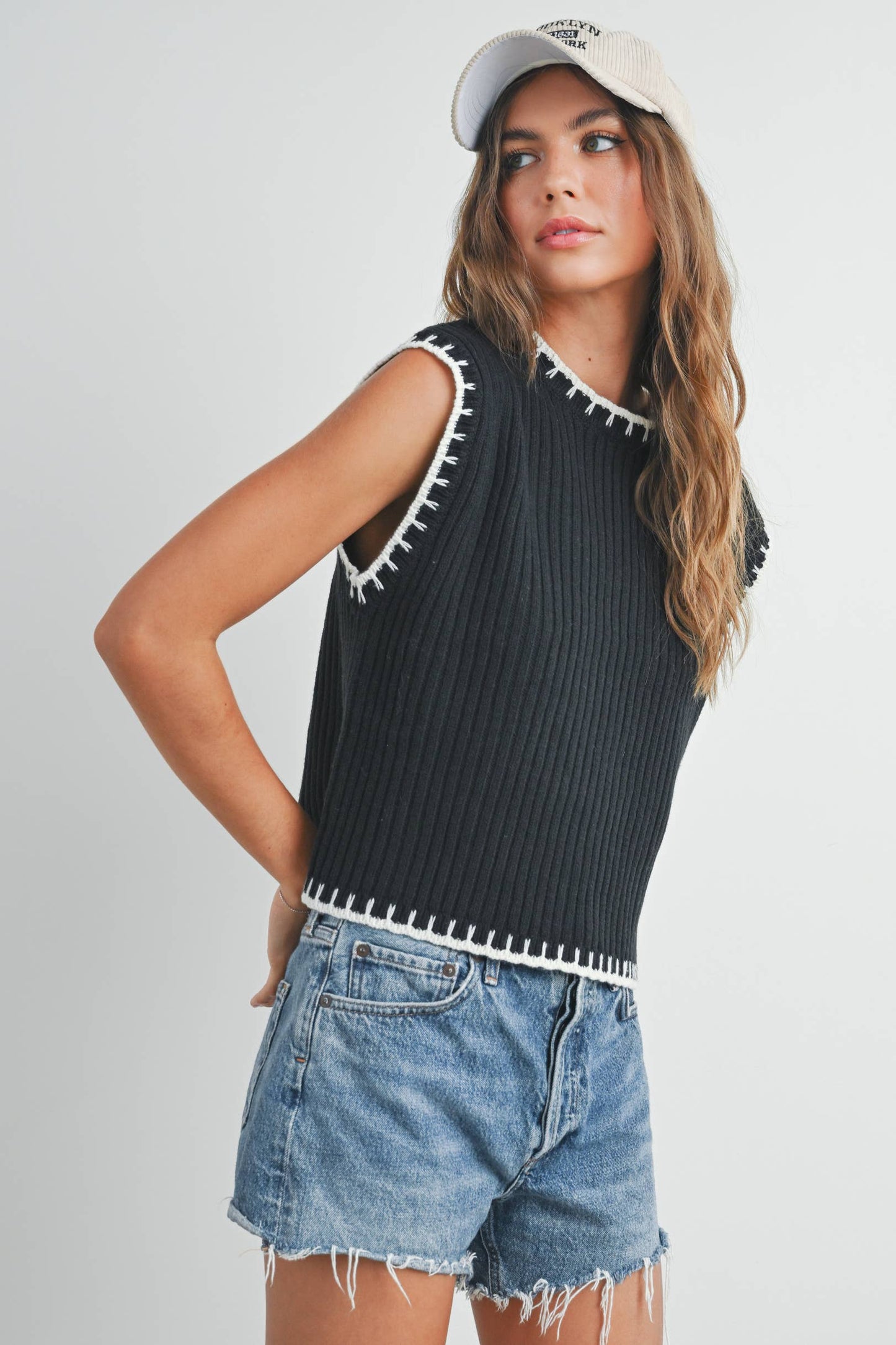 Solid Cap Sleeve Sweater Vest in Black