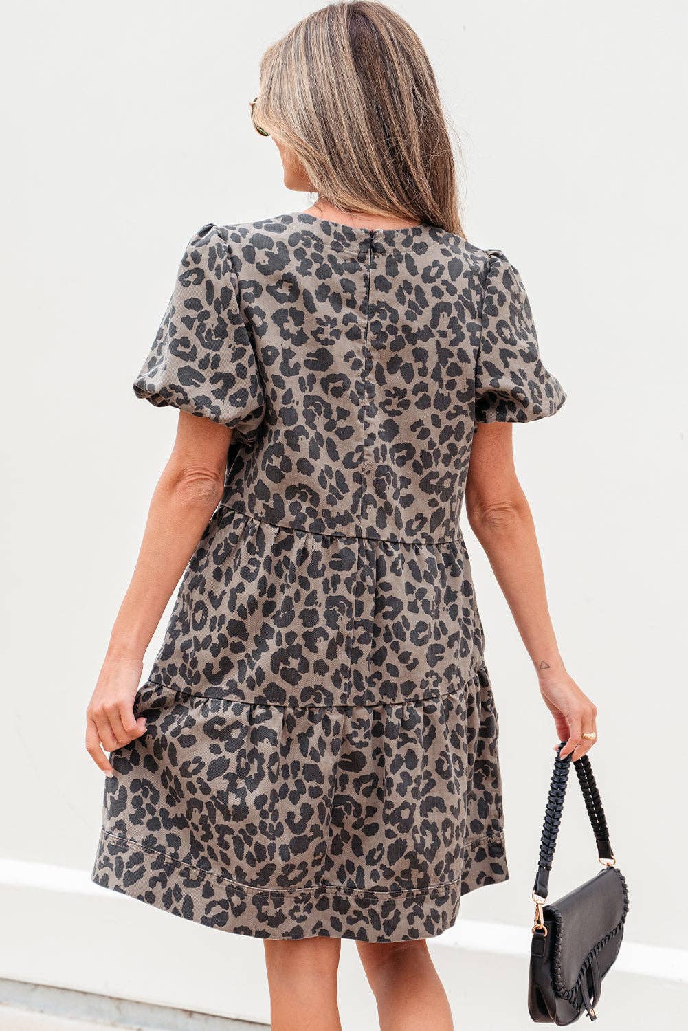 PREORDER - Denim Leopard Puff Sleeve Mini Dress in Brown
