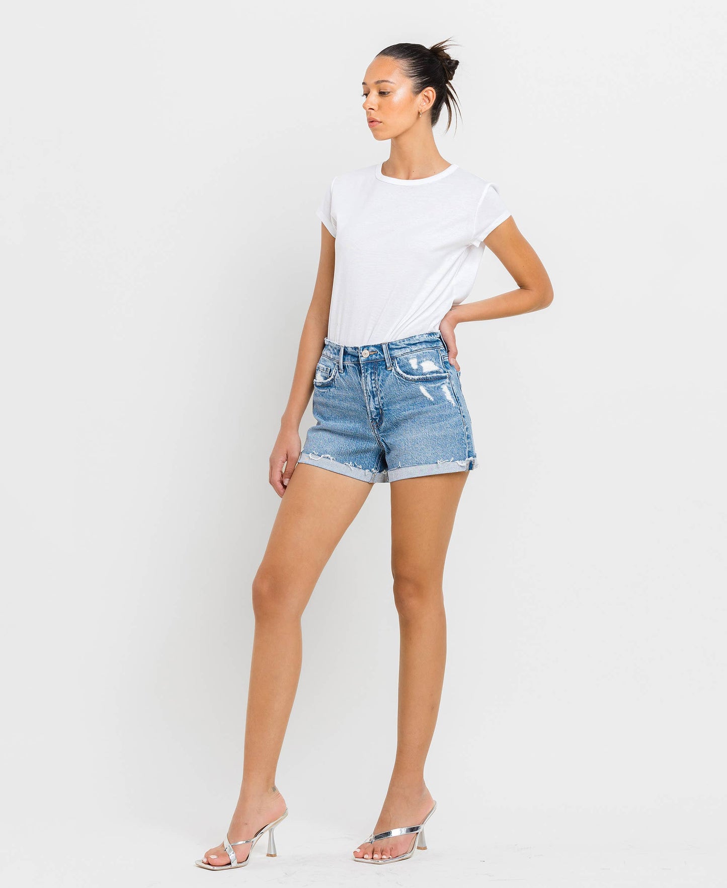 High Rise Cuffed A Line Denim Shorts