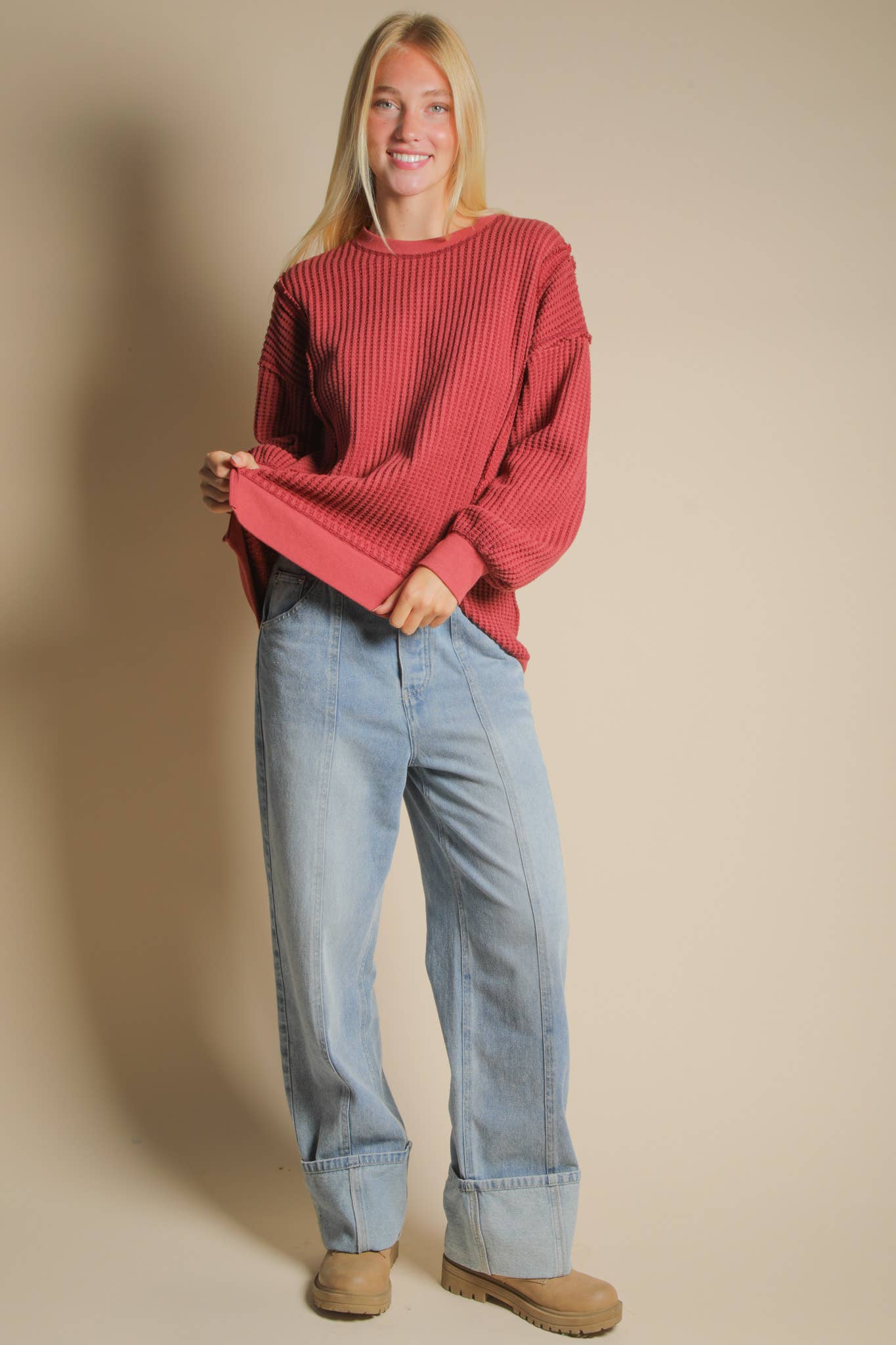 LARGE - Oversized Waffle Knit Casual Top in Burgundy
