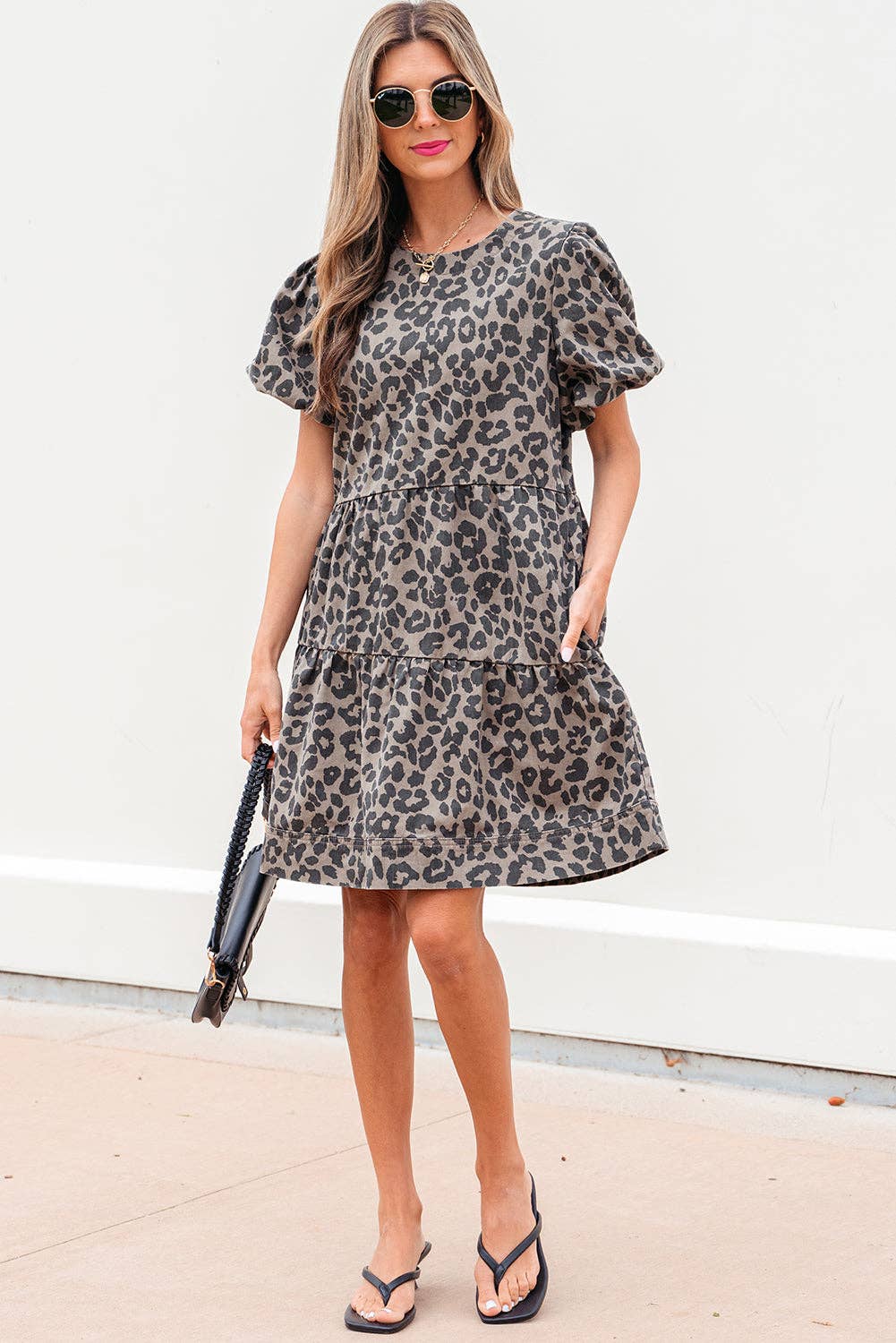 PREORDER - Denim Leopard Puff Sleeve Mini Dress in Brown