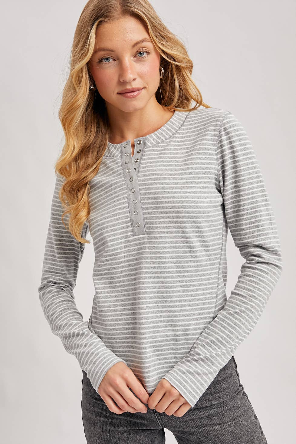 Striped Henley Top in Grey