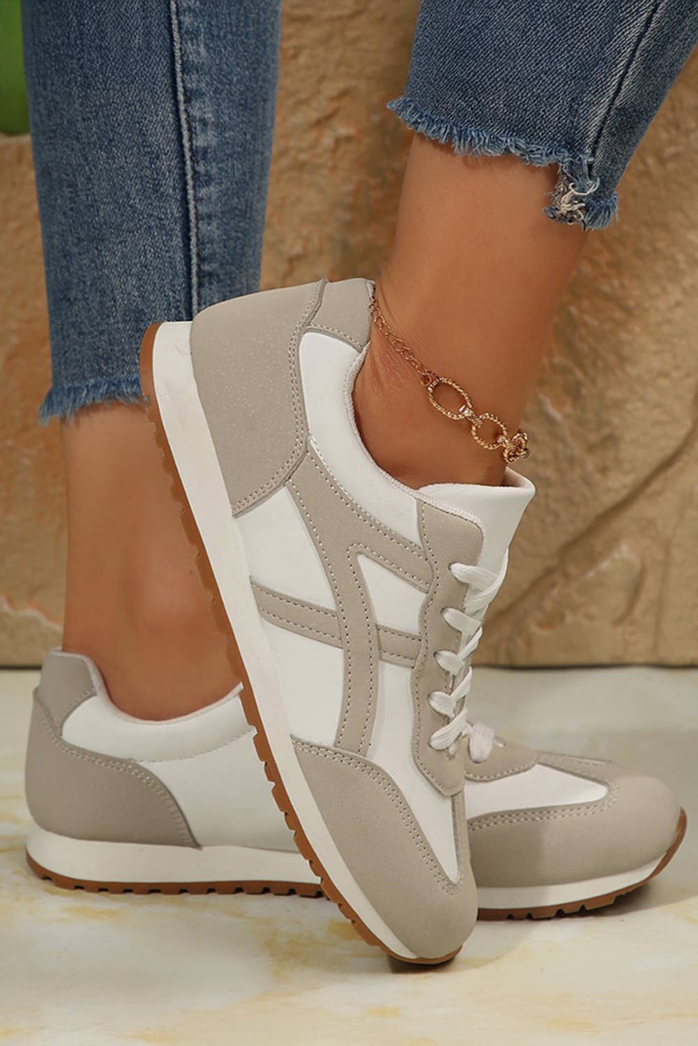 Color Block Lace Up Sneakers in Oatmeal