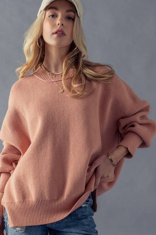 Oversized Side Slit Sweater in Peach Pink