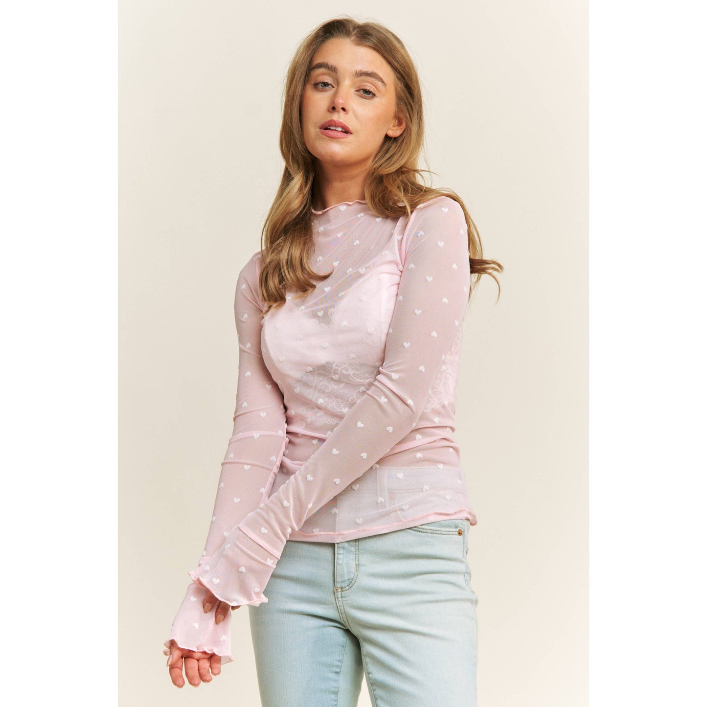 High Neck Mesh Heart Long Sleeve Top in Pink