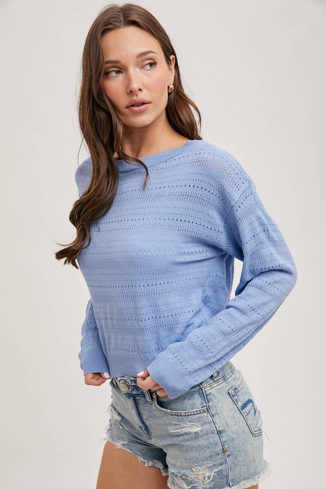 Open Knit Pullover Top in French Blue