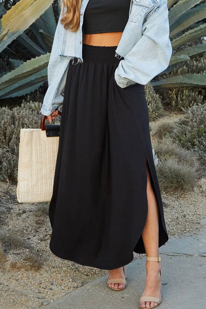 Smocked Waist Maxi Skirt in Black