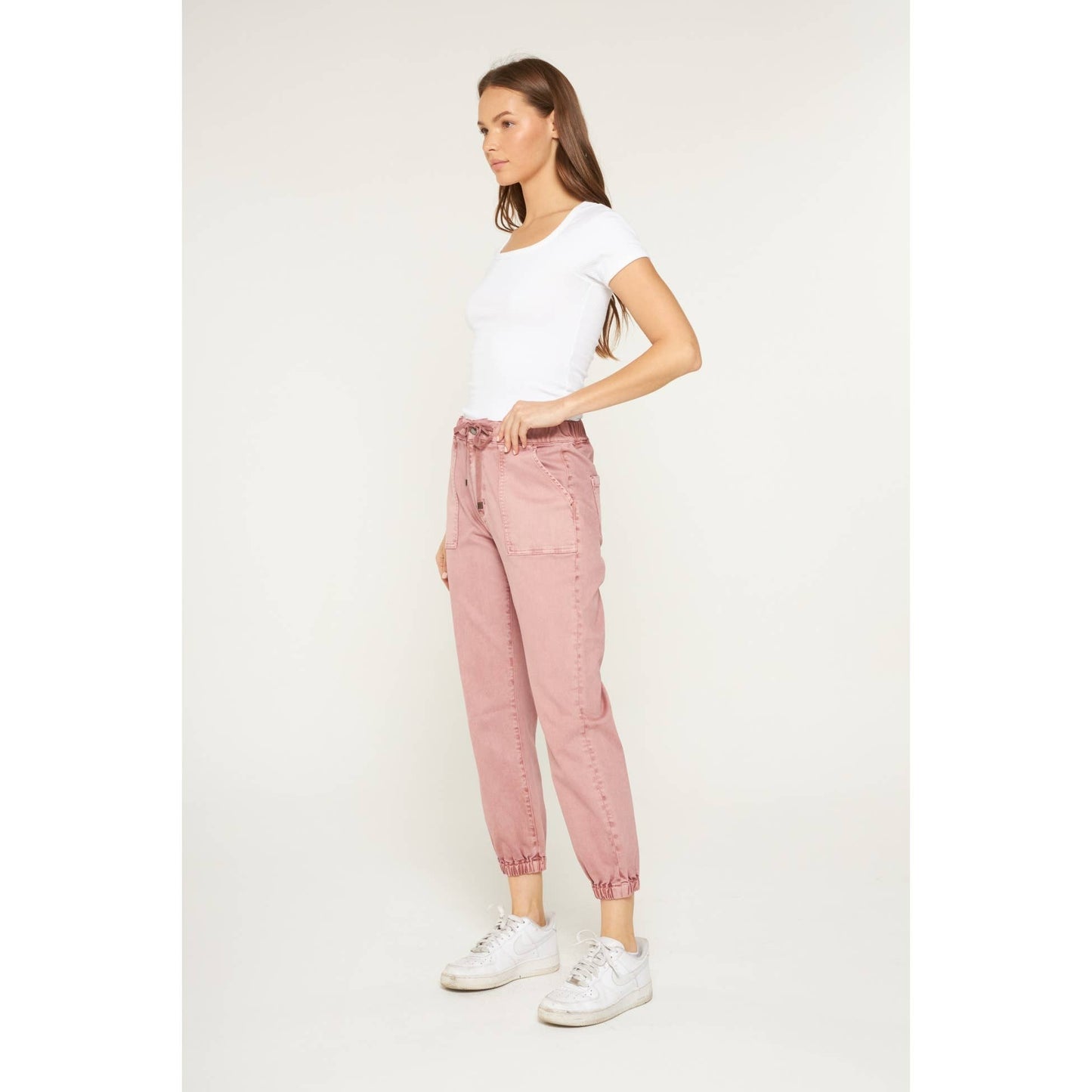 High Rise Denim Jogger in Deep Pink