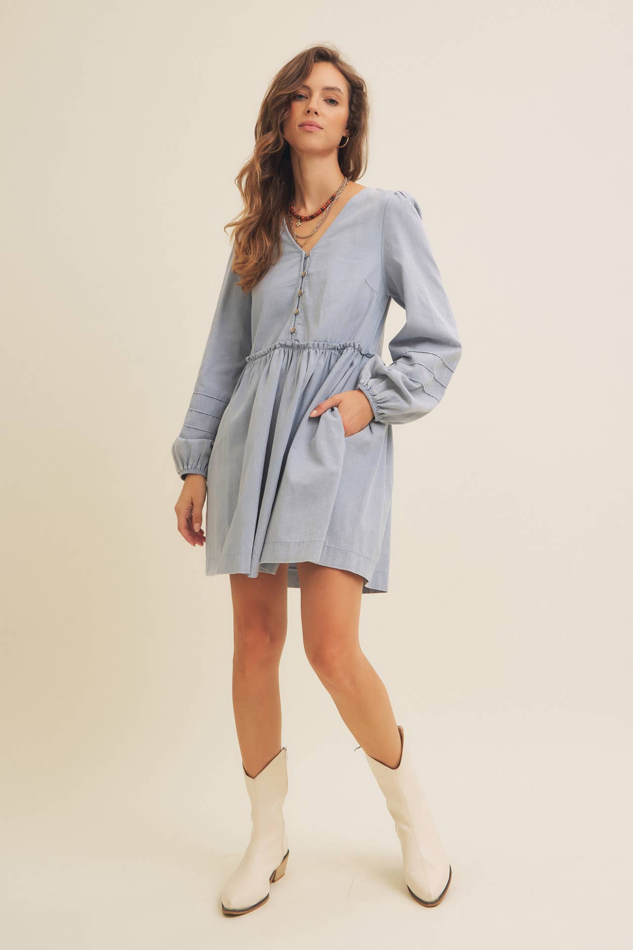 Button Down Mini Dress in Vintage Blue
