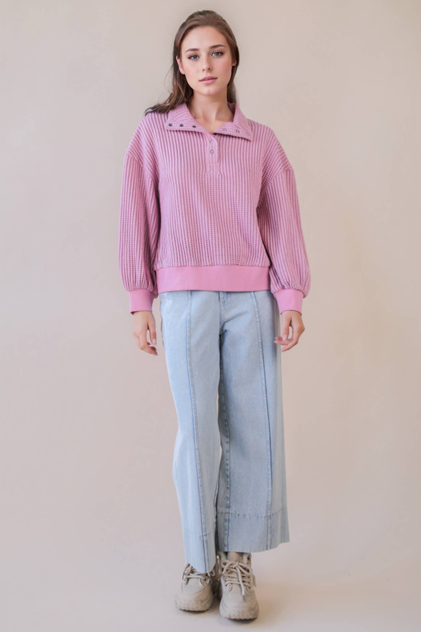 Oversized Button Waffle Top in Pink