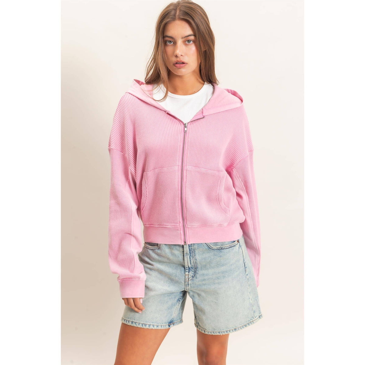 Acid Wash Waffle Knit Hoodie in Pink