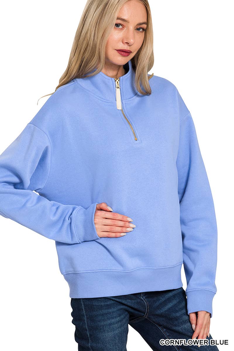Fleece Half Zip Sweatshirt in Cornflower Blue