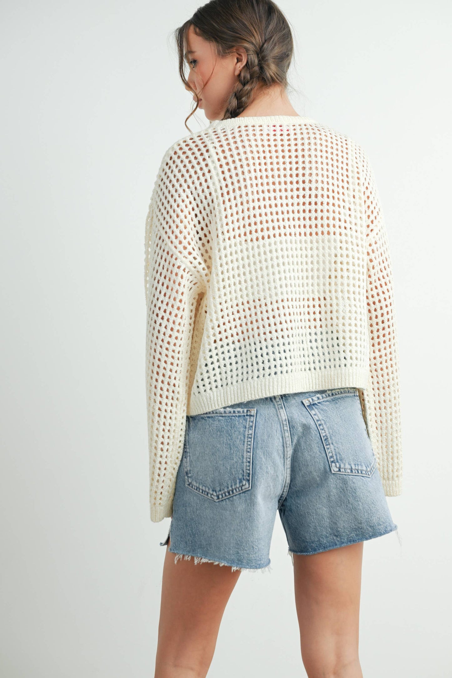 Crew Neck Crochet Sweater in Ivory