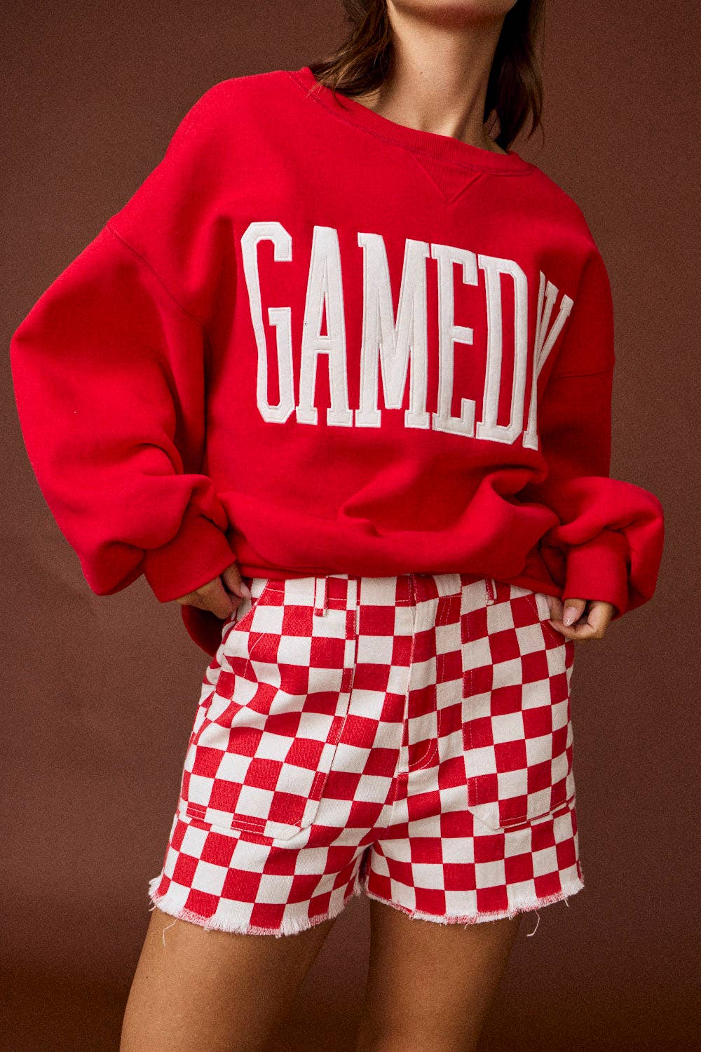 Checkered Denim Shorts in Red