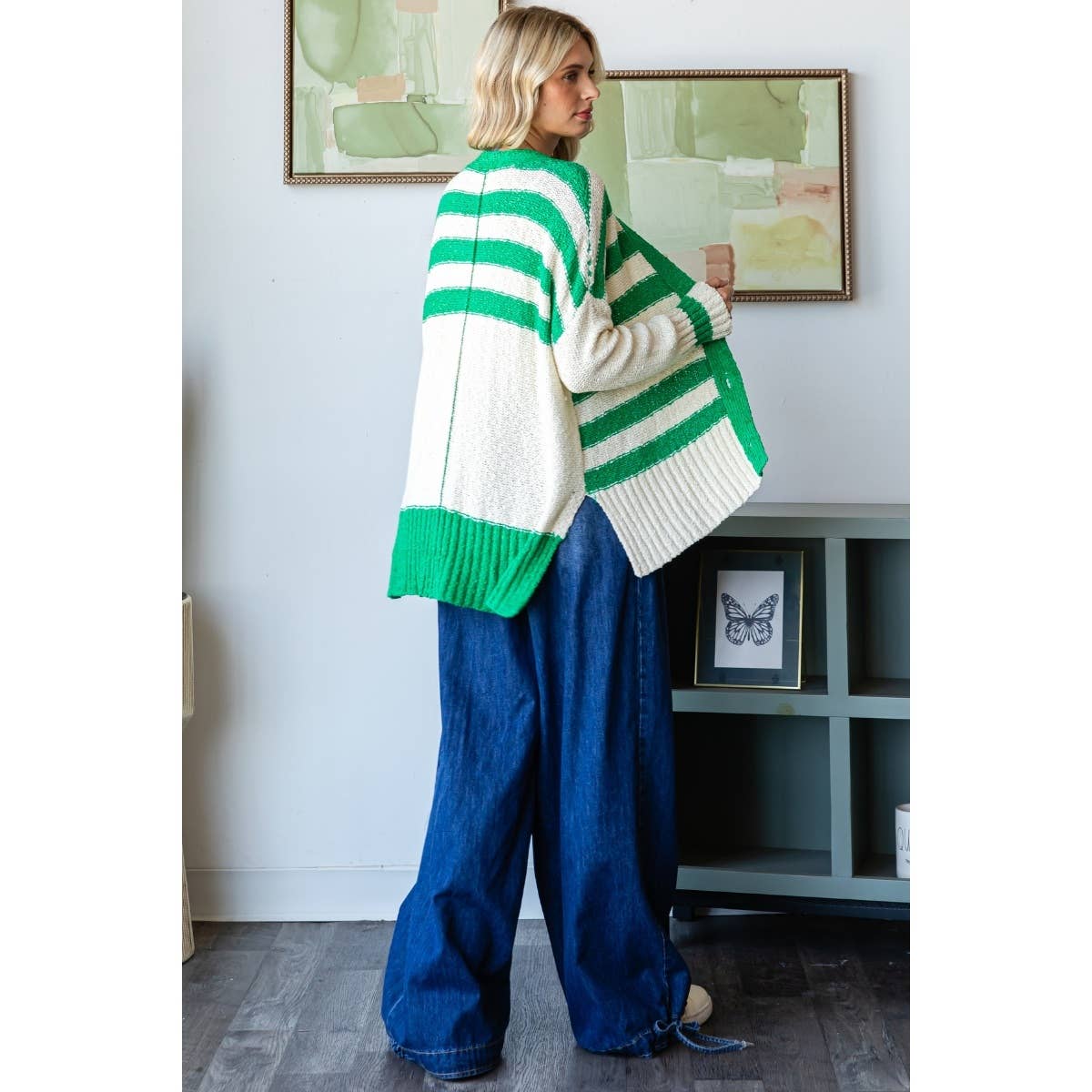 Oversized Striped Cardigan in Green