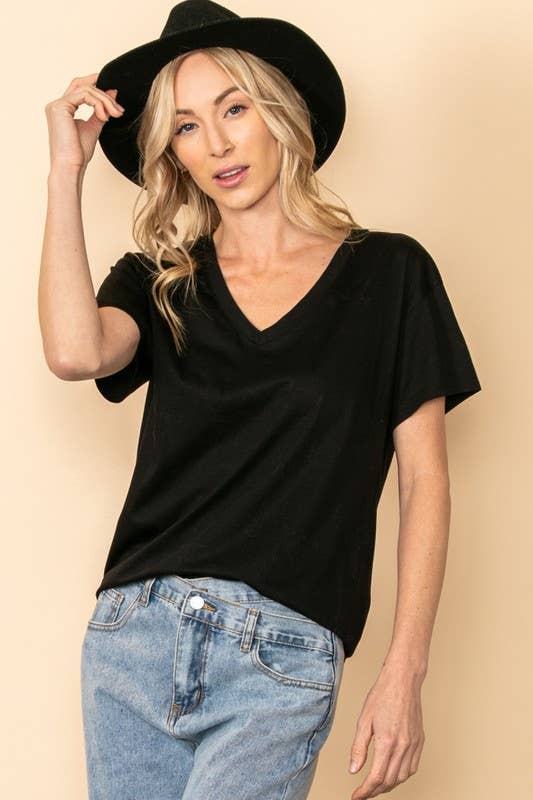 V Neck Soft Touched Basic Tee in Black