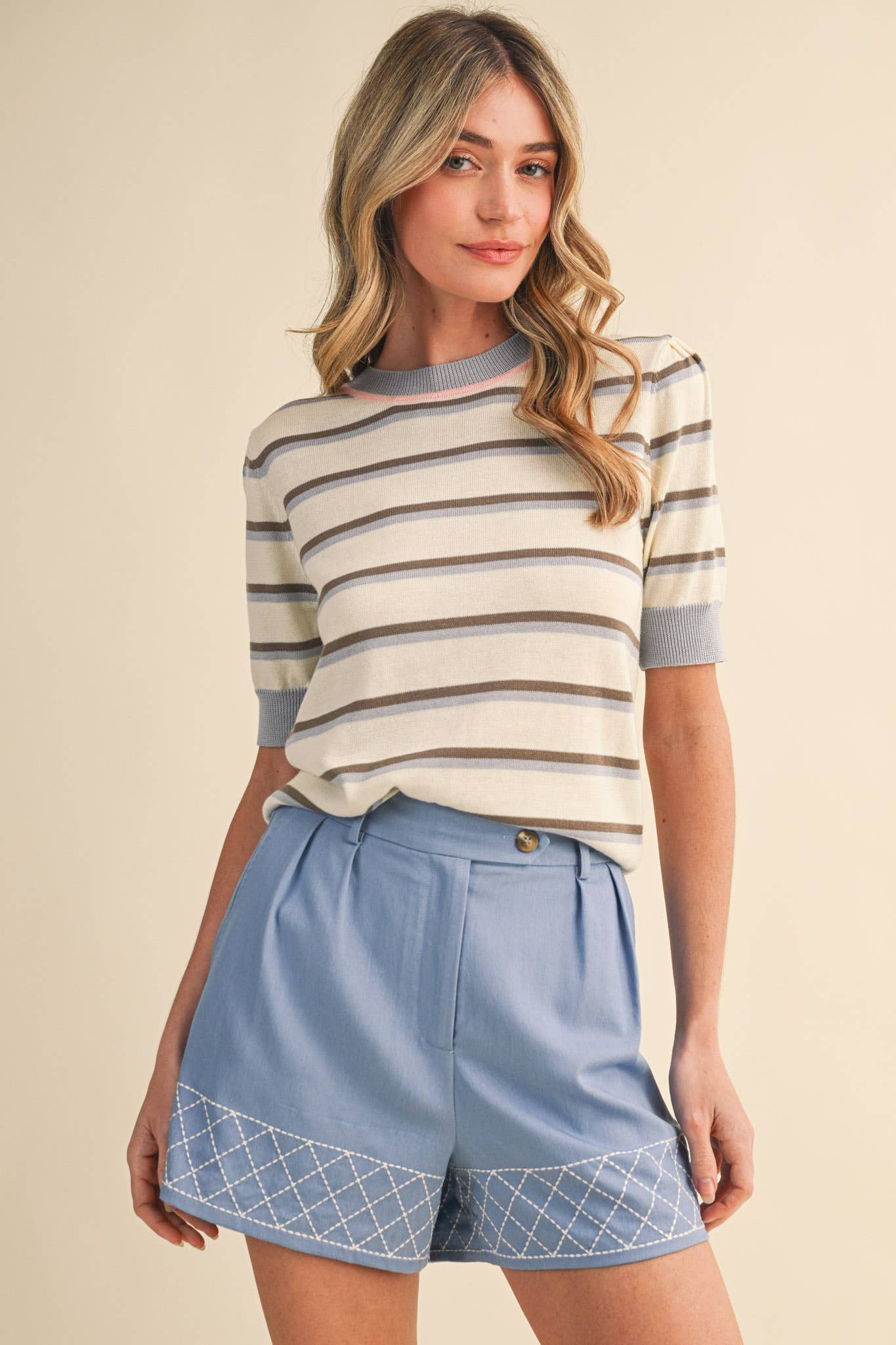 Striped Short Sleeve Top in Light Blue