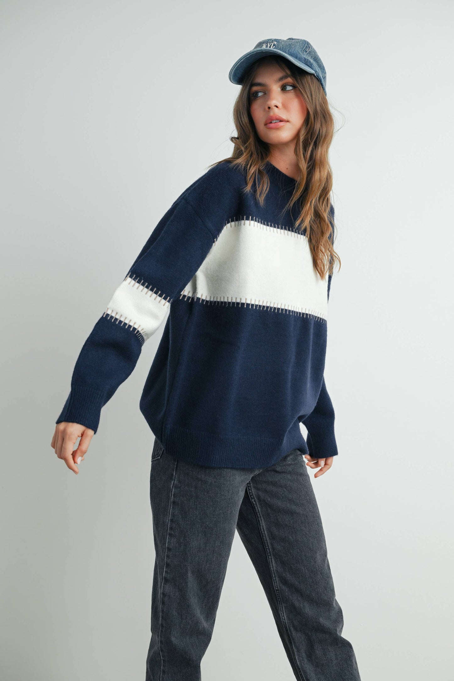 Colorblock Striped Sweater in Navy