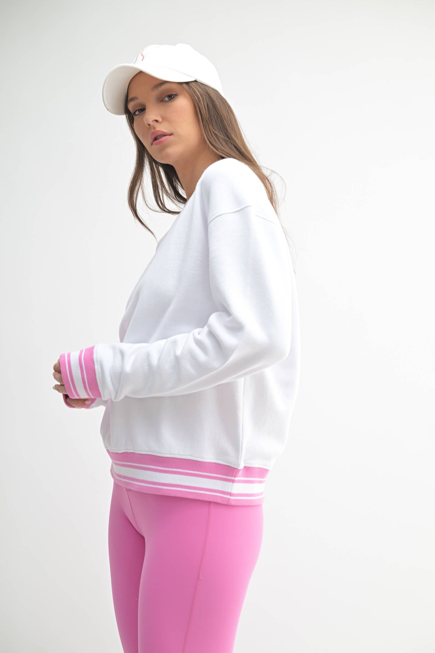 Contrast Cinch Sweatshirt in White/Fuschia
