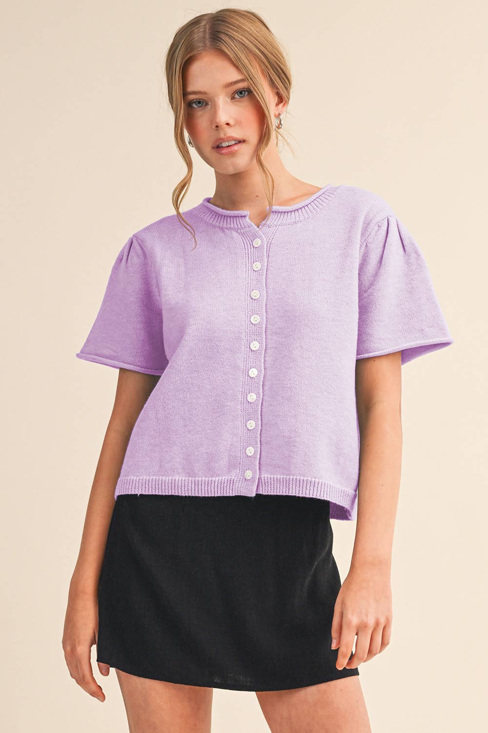 Short Sleeve Sweater Cardigan in Lavender