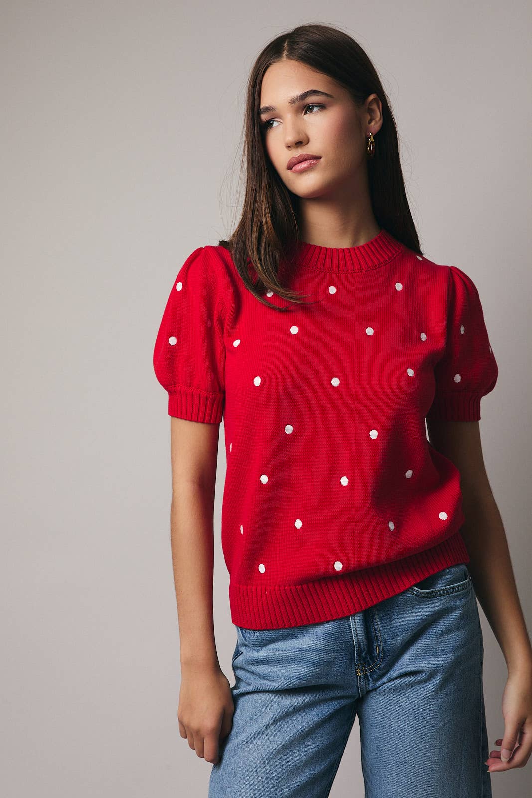 Puff Short Sleeve Sweater in Red