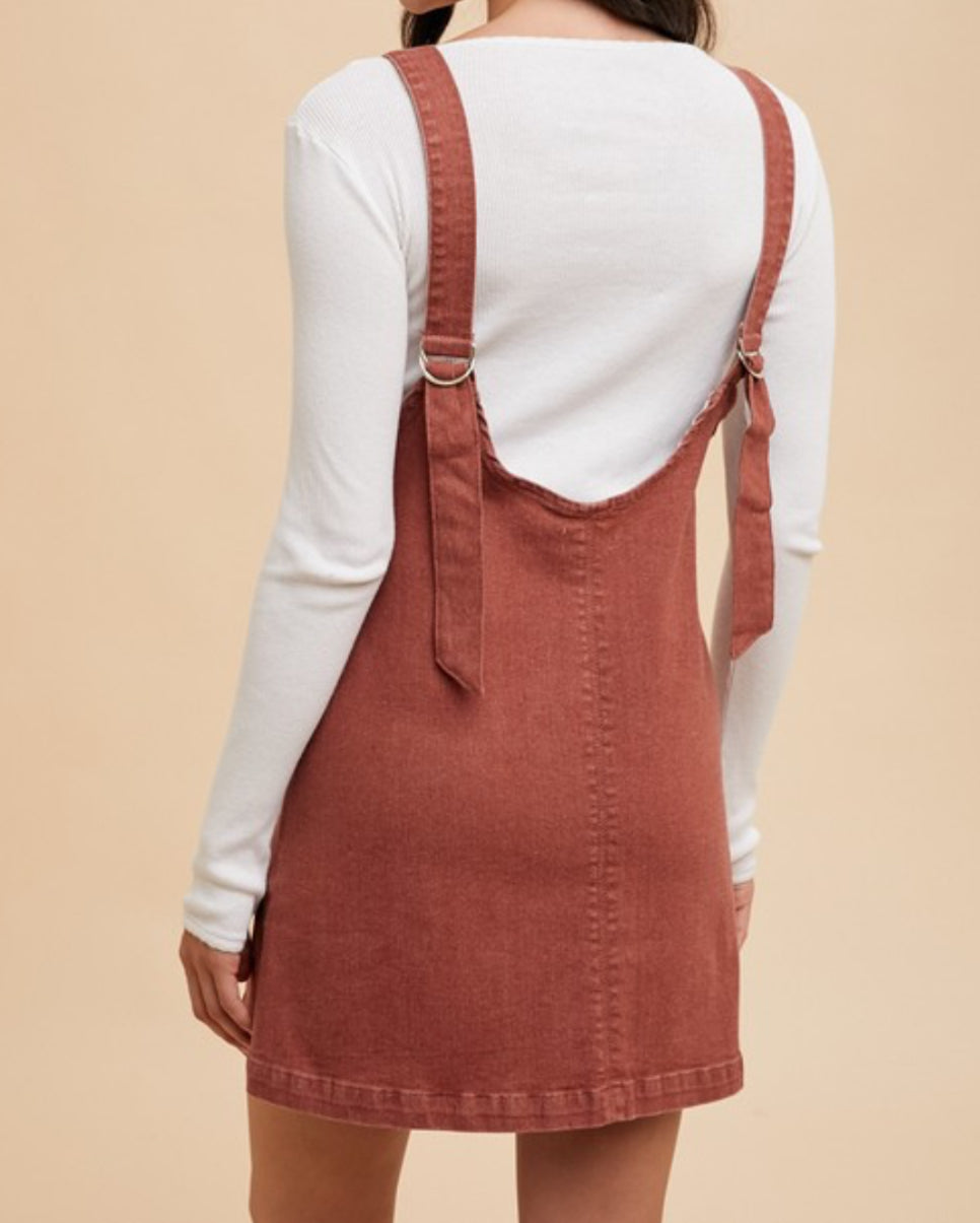 Denim Jumper Dress in Brick