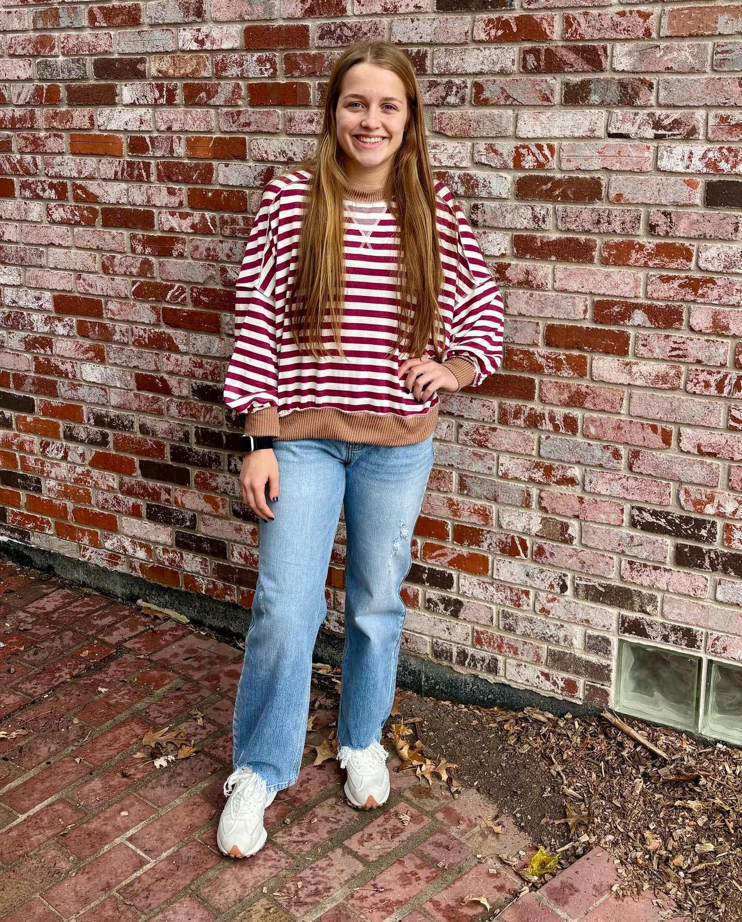 Loose Fit Stripe Pullover Top in Burgundy