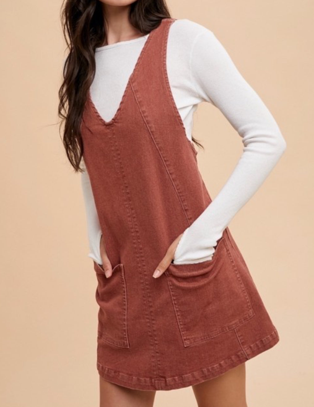 Denim Jumper Dress in Brick