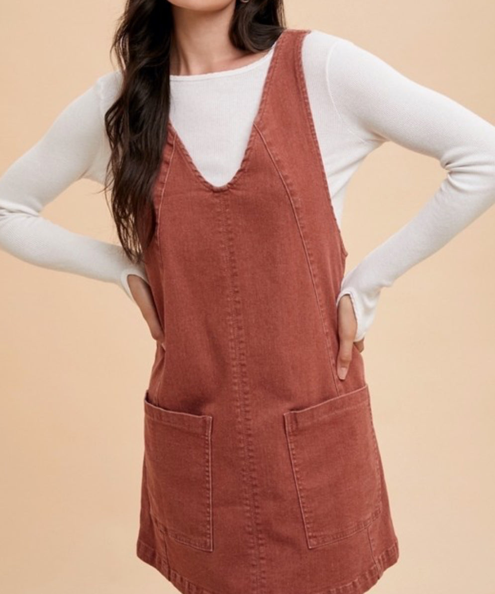 Denim Jumper Dress in Brick