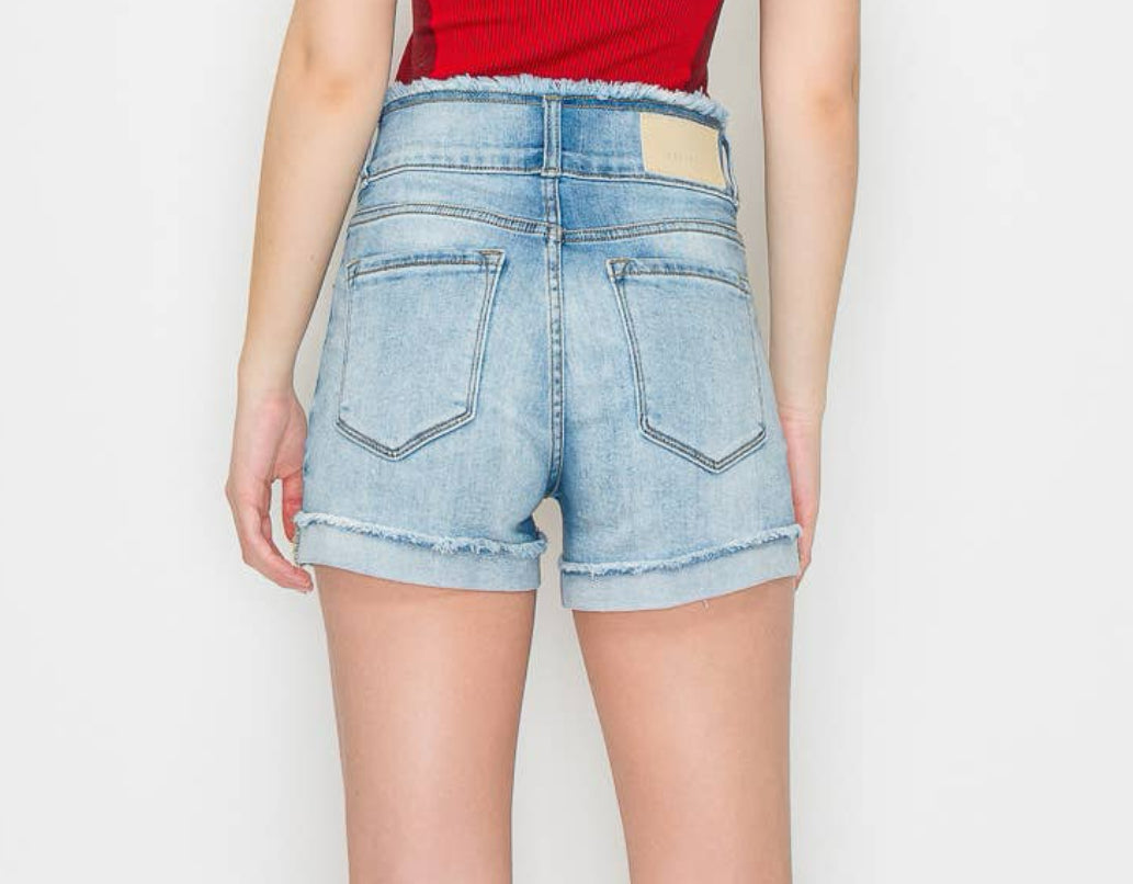 High Rise Wide Waistband Denim Shorts