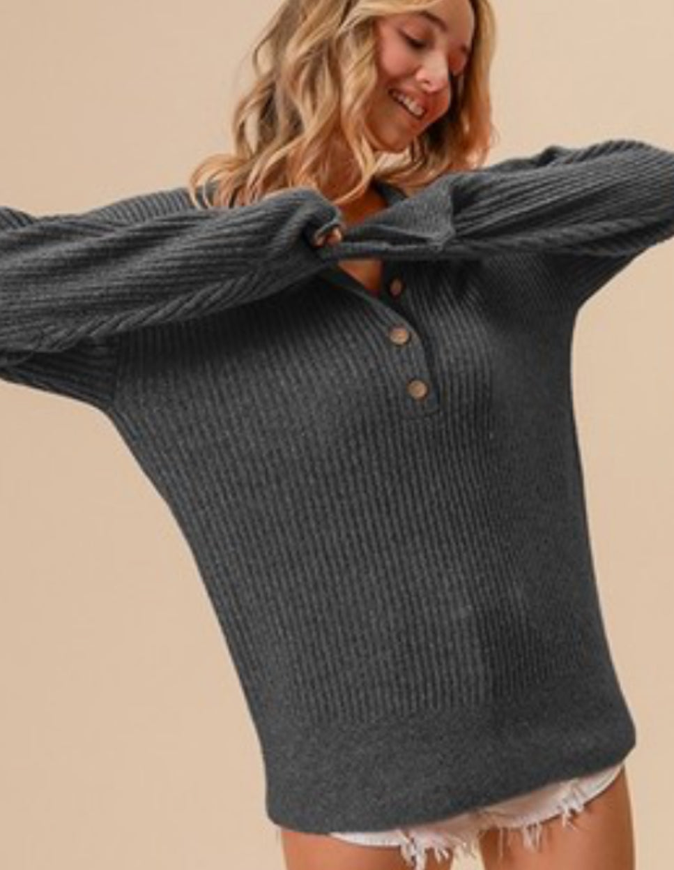 Button Crew Sweater Top in Charcoal