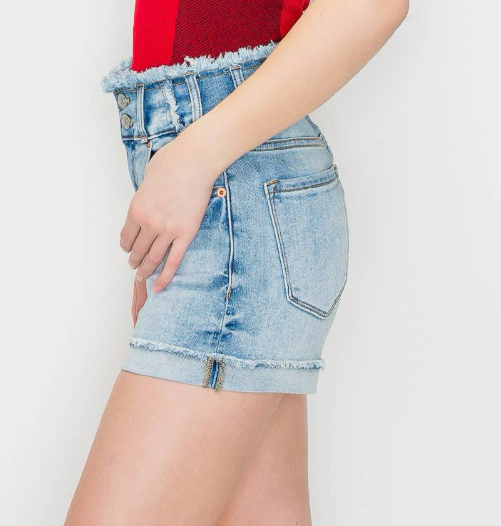 High Rise Wide Waistband Denim Shorts