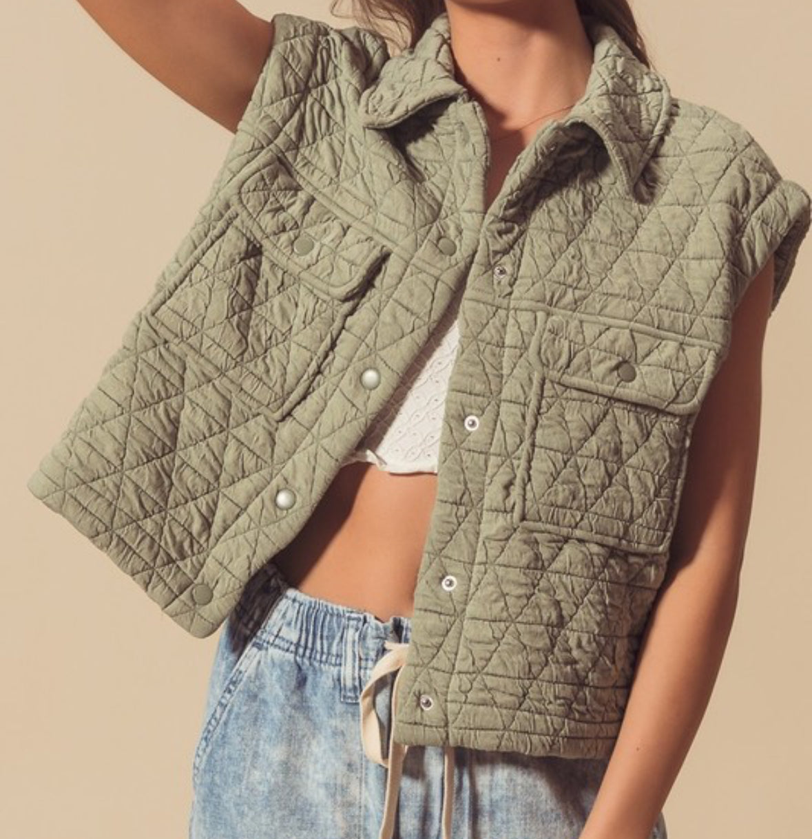 MEDIUM - Quilted Button Up Vest in Light Olive