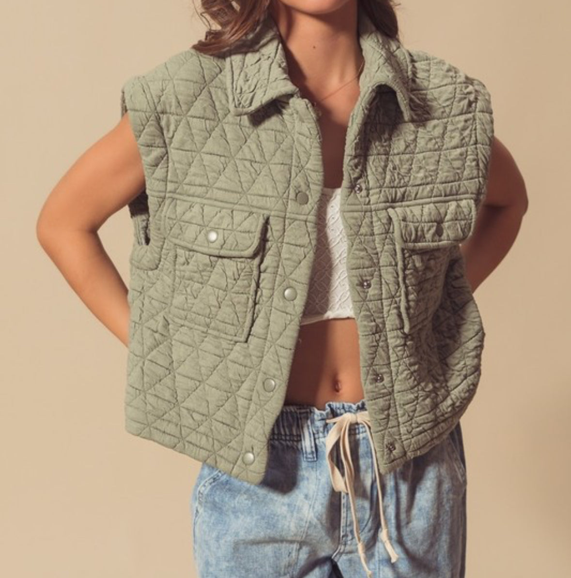 MEDIUM - Quilted Button Up Vest in Light Olive
