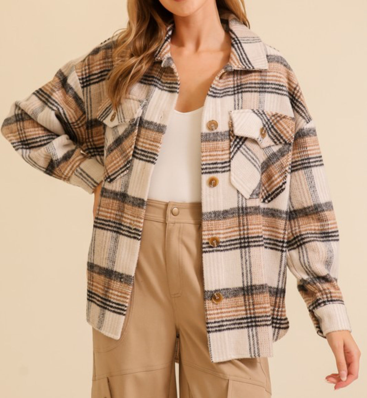 Plaid Print Shacket in Taupe/Black
