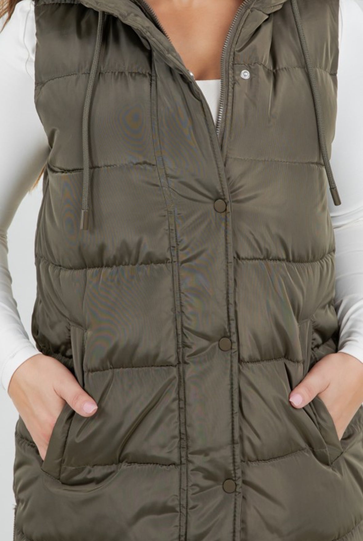 Long Puffer Vest in Olive