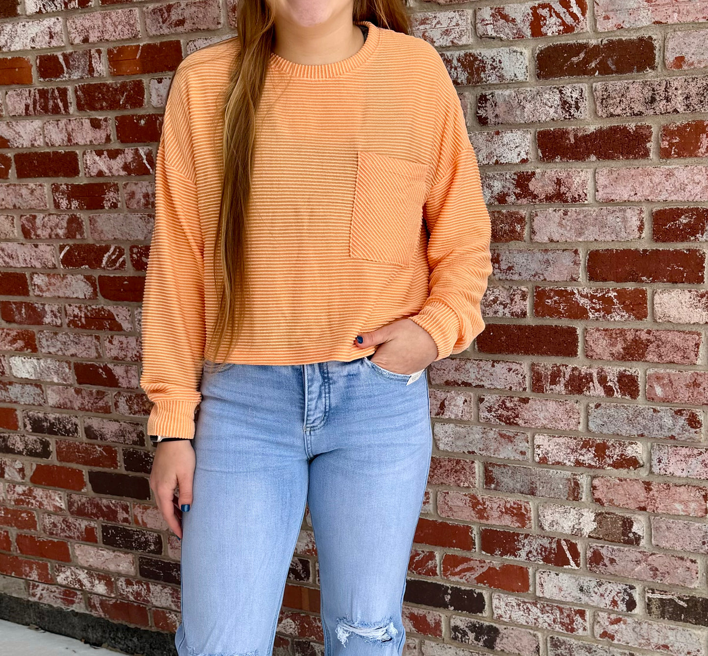 Ribbed Long Sleeve w/ Pocket in Tangerine