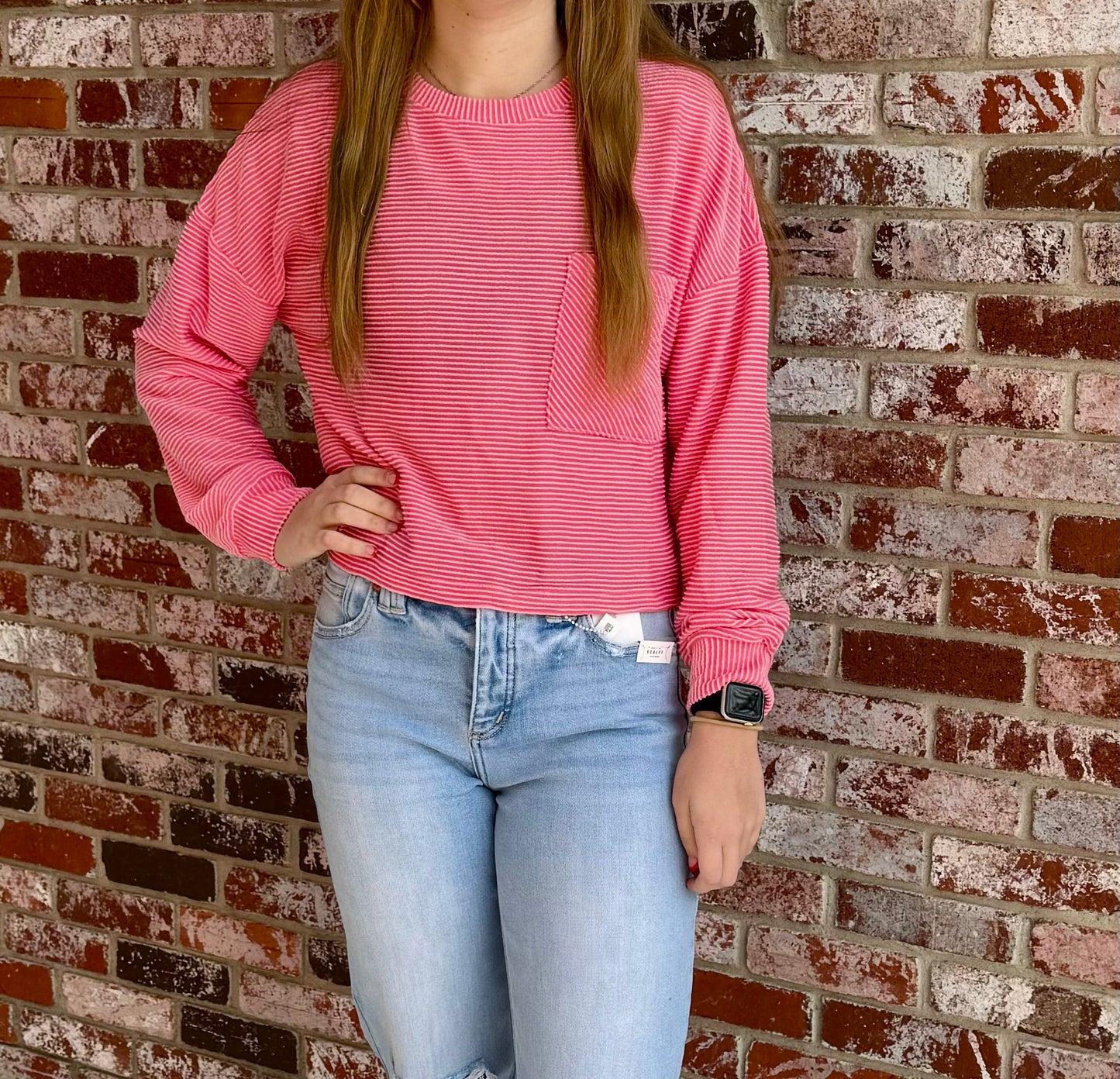 Ribbed Long Sleeve w/ Pocket in Bubblegum