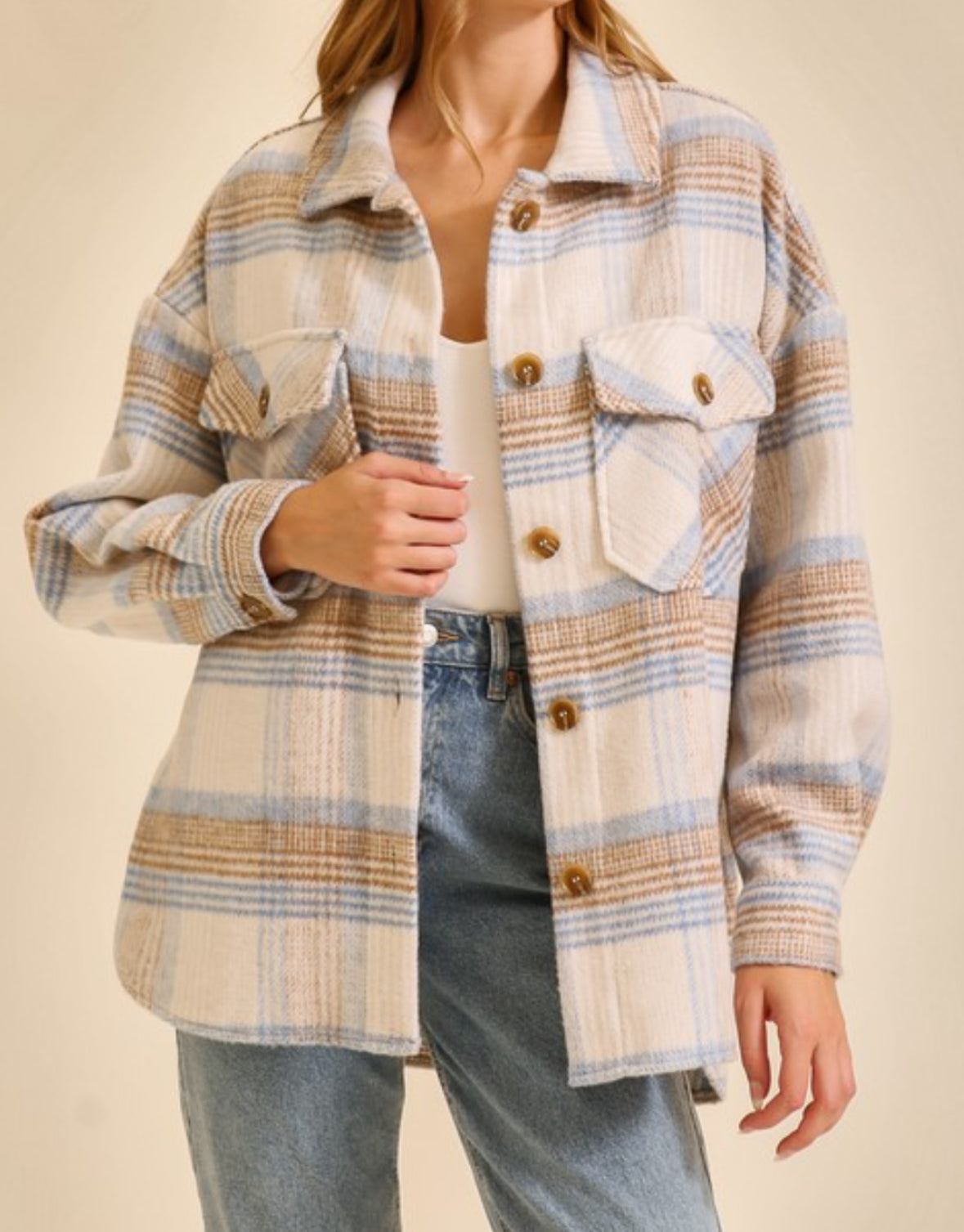 Plaid Print Shacket in Taupe/Blue