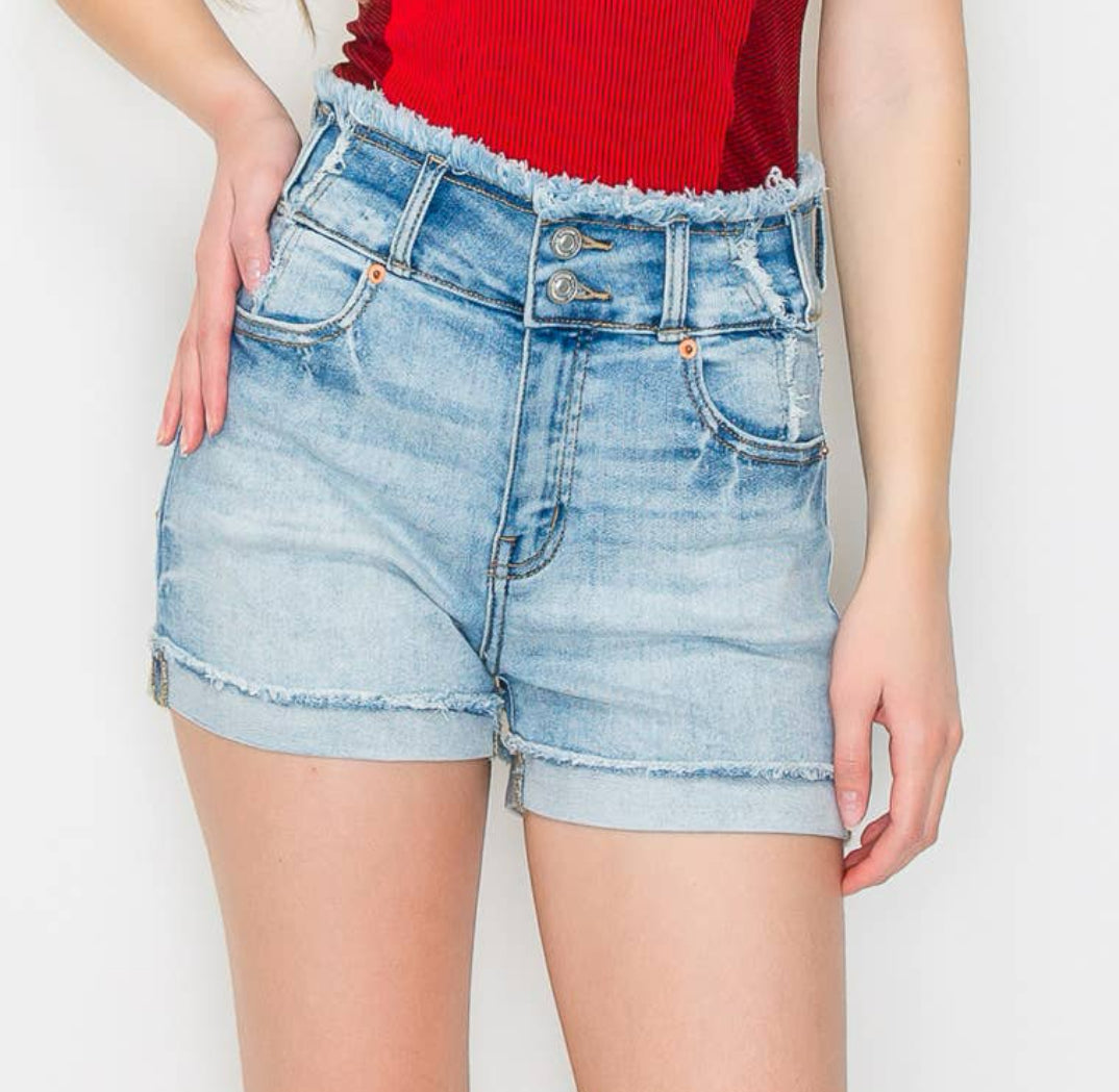 High Rise Wide Waistband Denim Shorts