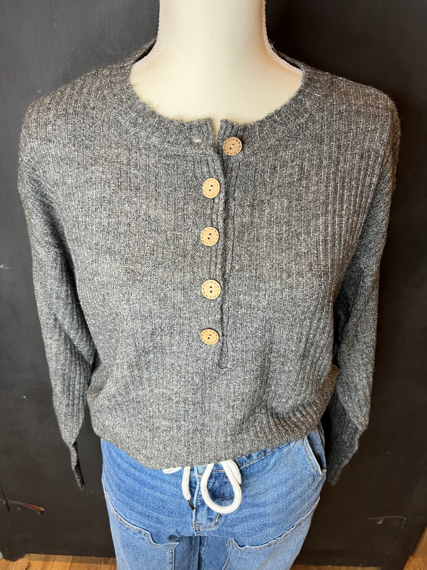 Button Crew Sweater Top in Charcoal