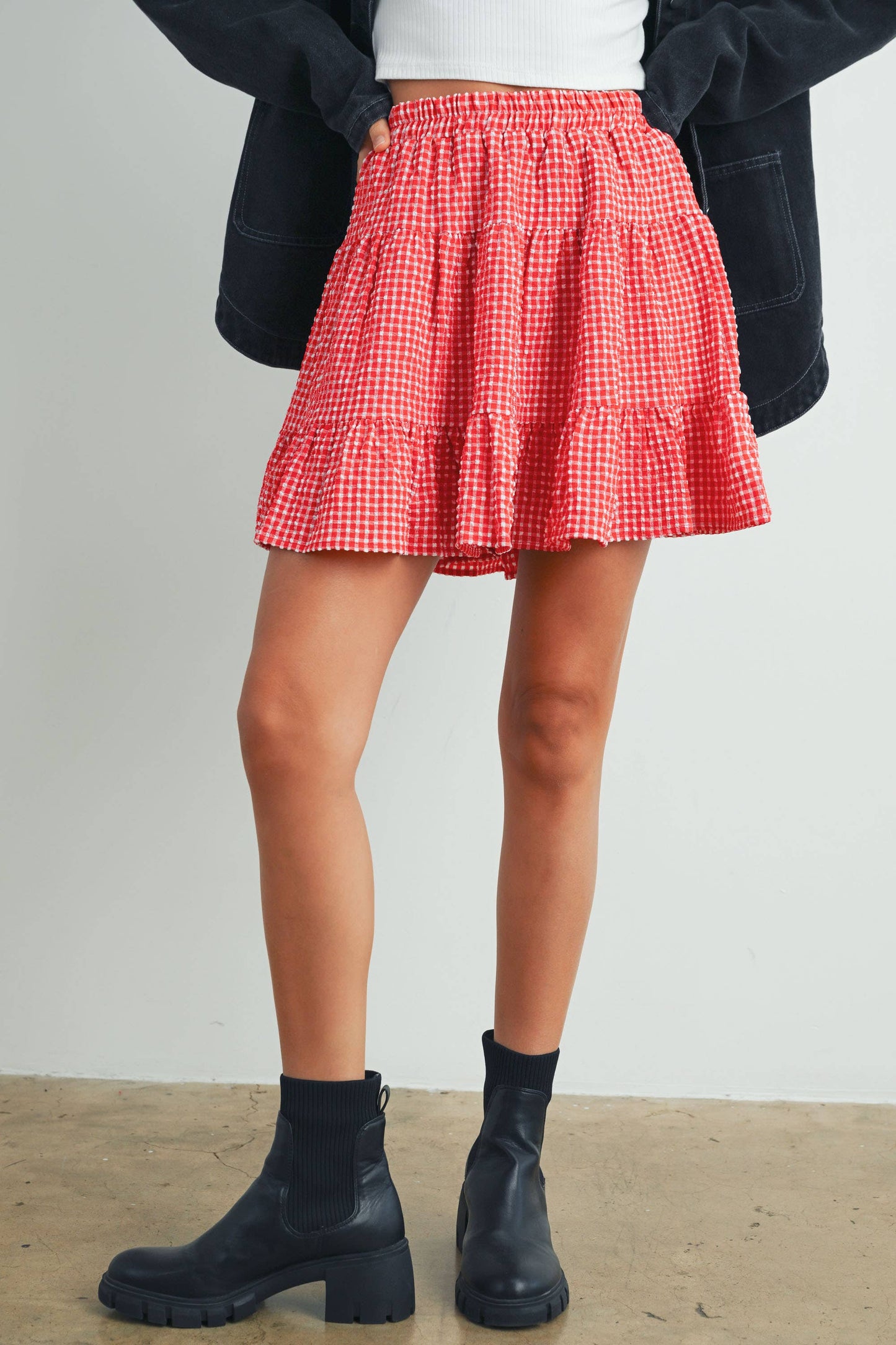 High Rise Checkered Skirt in Red