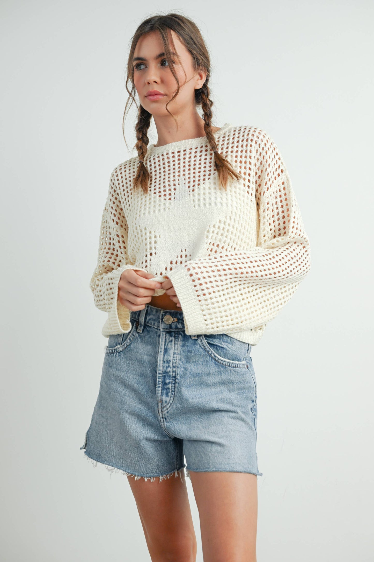 Crew Neck Crochet Sweater in Ivory