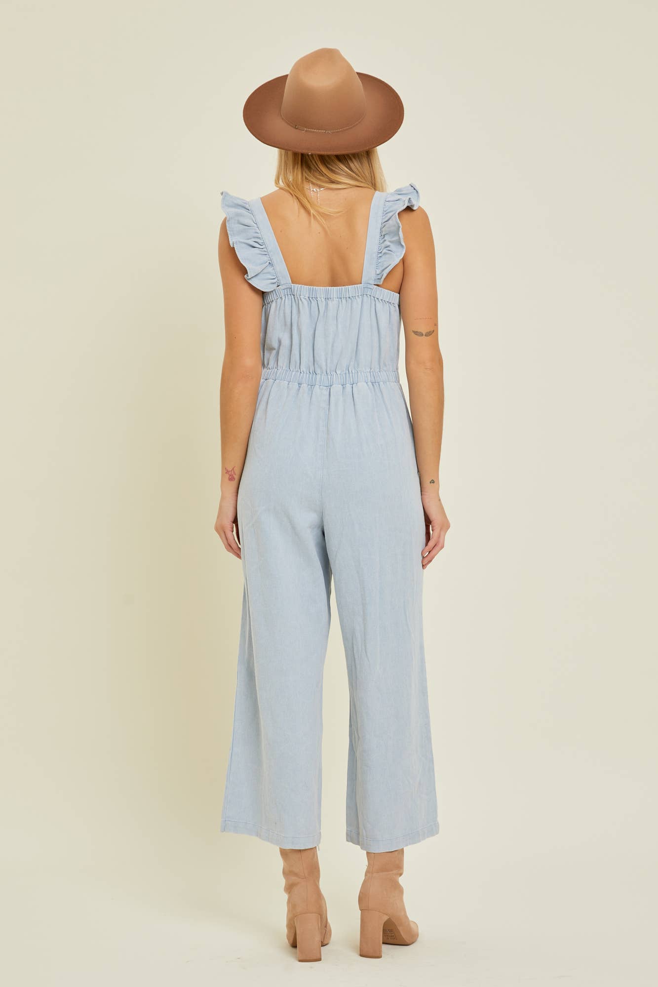 Denim Jumpsuit w/ Ruffle Strap