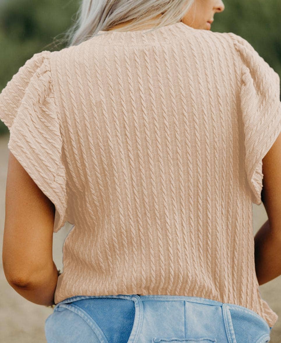 Textured Flutter Sleeve Top in Beige