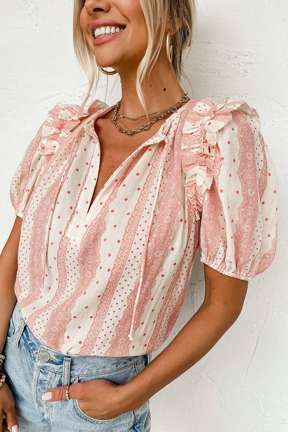 SMALL - Red Frilled Puff Short Sleeve Blouse
