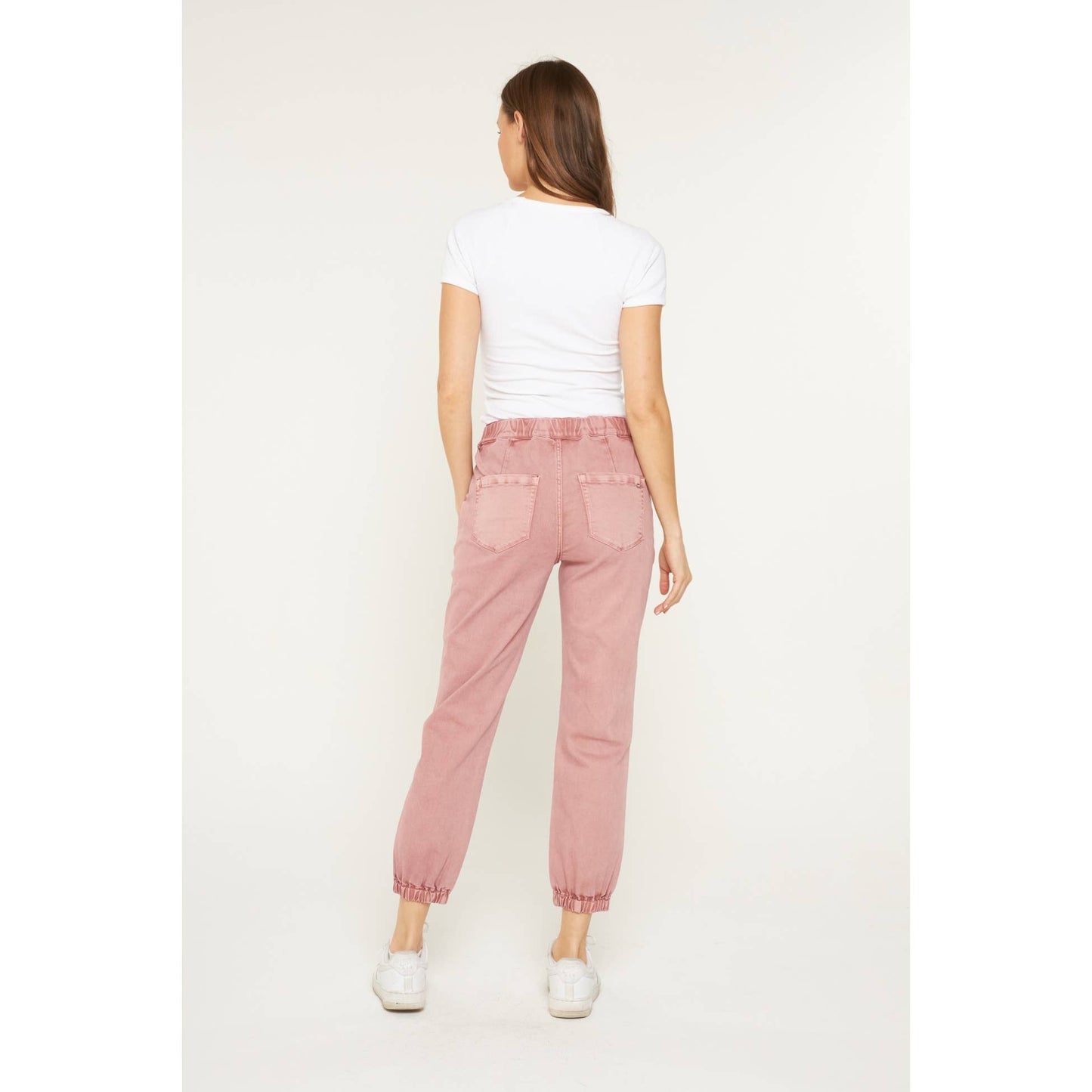 High Rise Denim Jogger in Deep Pink